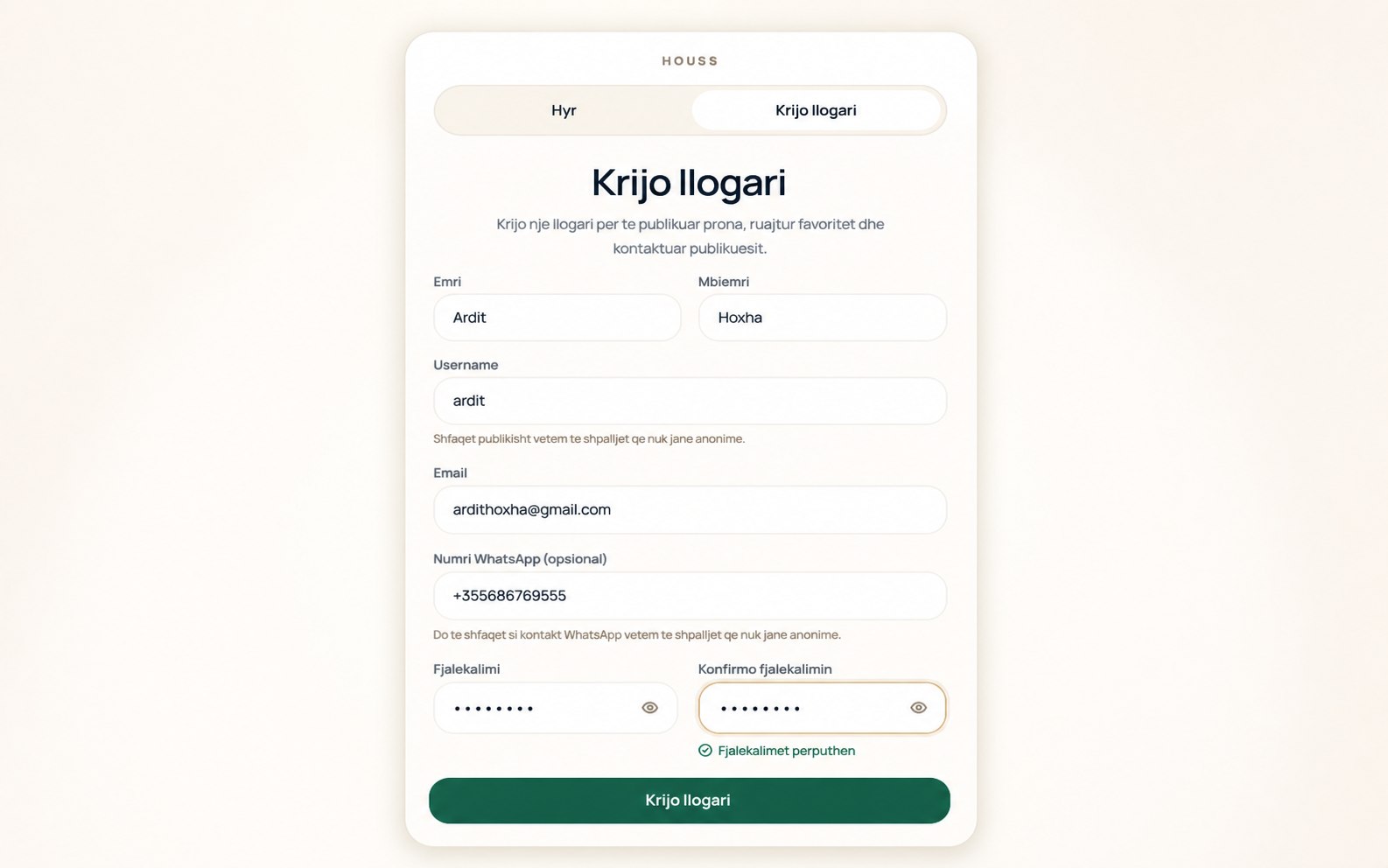 Create account form in Houss